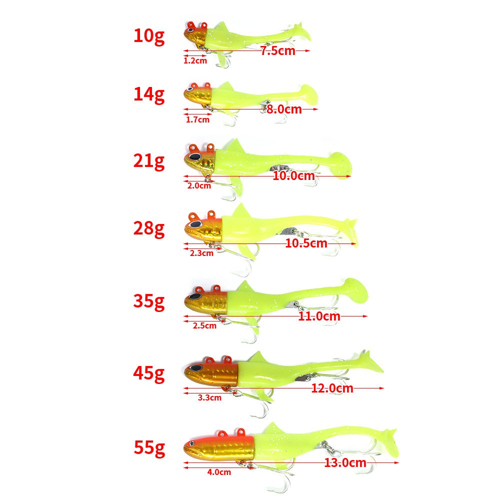 HENGJIA 1PCS 9 colors Soft Fishing Lure 10G 14G 21G 28G 35G 45G 55G Lead Head JIg Lure Silicone Bait T Tail