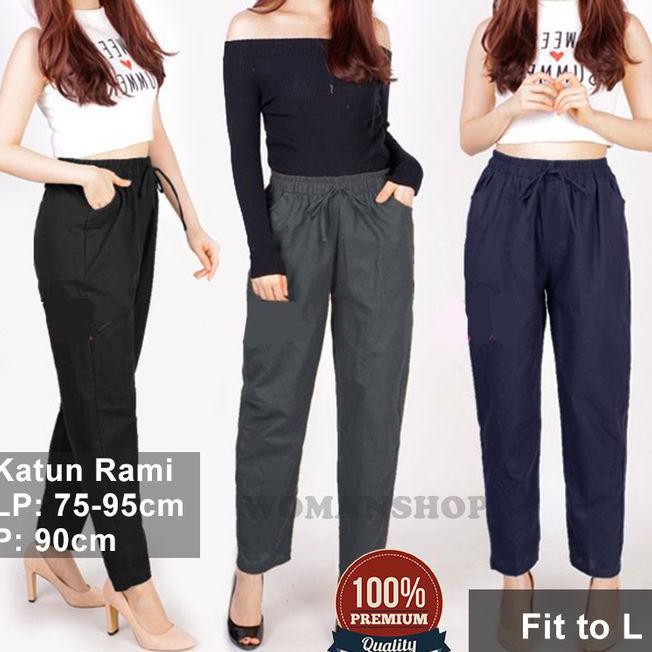 7X1P CELANA KERJA KANTOR CEWEK WANITA CELANA KATUN WANITA BAGGY PANTS RAMI - HITAM A21B