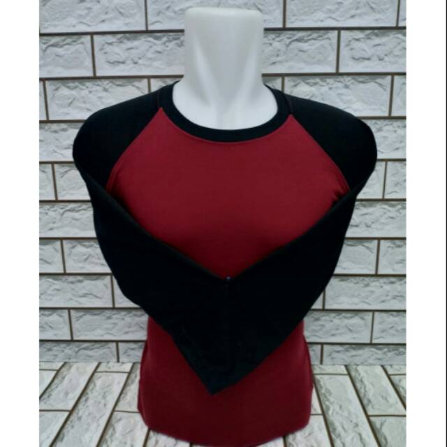  Kaos  Polos  Raglan Lengan Panjang Merah Maroon Kombinasi 