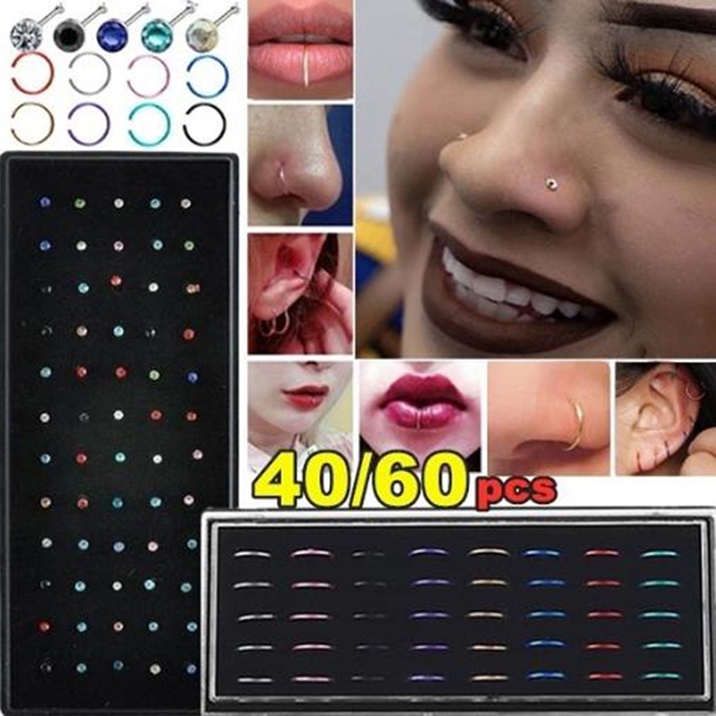 40 / 60pcs Anting Tindik Hidung / Tubuh Bahan Baja Warna Silver