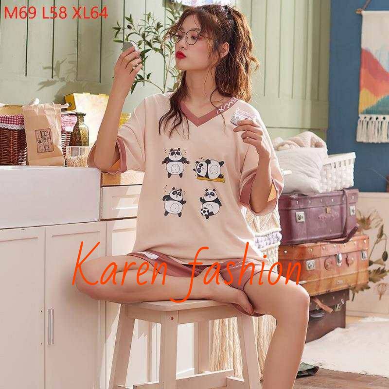 Baju tidur piyama kaos setelan pendek wanita cewek import LEHER V PANDA GYM