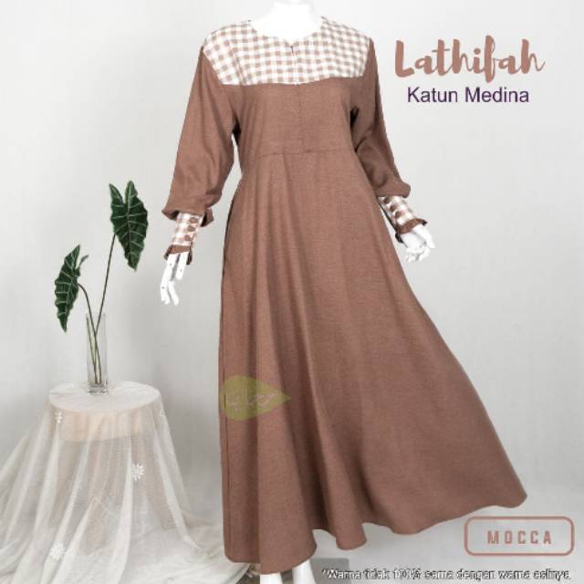 Lathifah Hijabuna - Gamis Latifah Original - Motif Bunga Kotak Dress Milo Mocca Krem katun madina