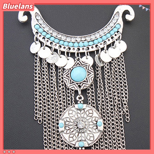 Bluelans Women Bohemian Turquoise Long Tassels Pendant Necklace Alloy Choker Chain