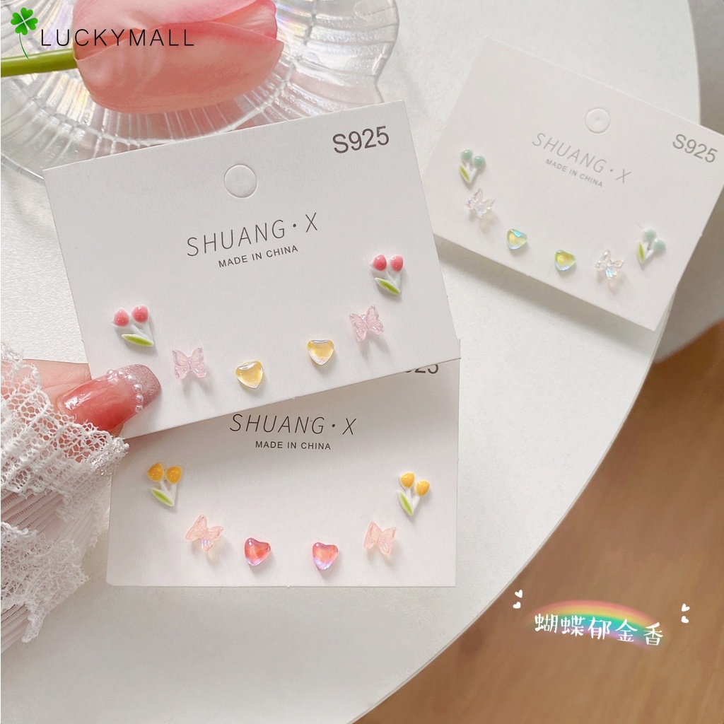 Set Anting Stud S925 Silver Bentuk Bunga Tulip Butterfly Hati Warna Solid Untuk Wanita