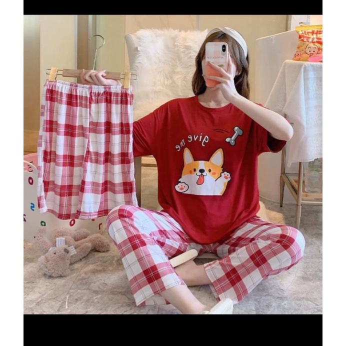 Set piyama baju tidur wanita 3in1 import Hachi bahan katun milk silk