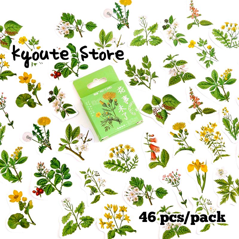 

46 pcs Sticker Green Flower Leaves Daun Vintage Scrapbook DIY Bujo Planner Seal Label