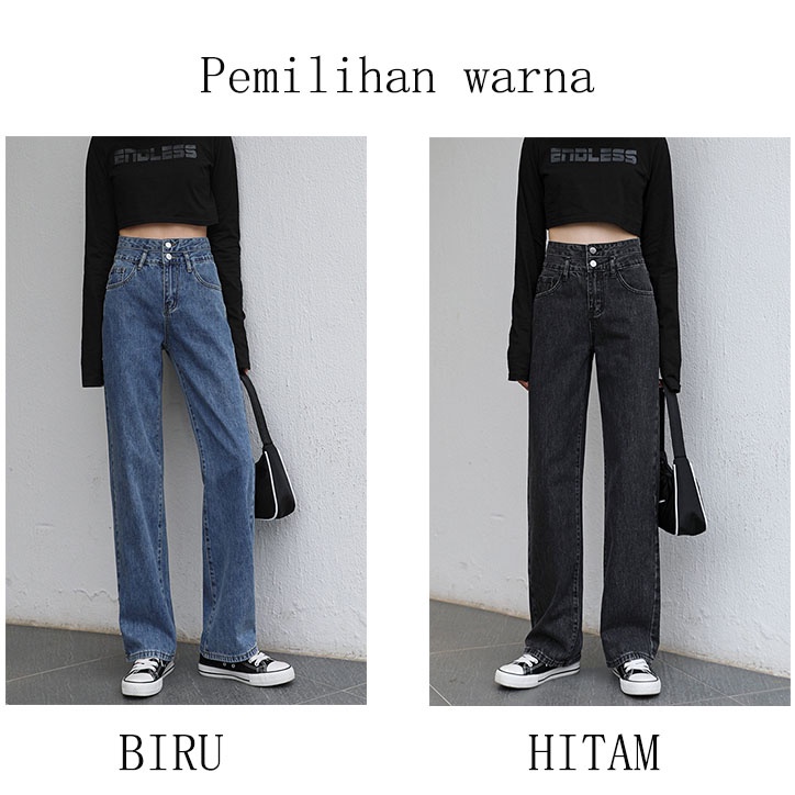 Berpinggang Tinggi Longgar Gaya Korea Lurus Berkaki Biru / Hitam Celana Jeans Wanita
