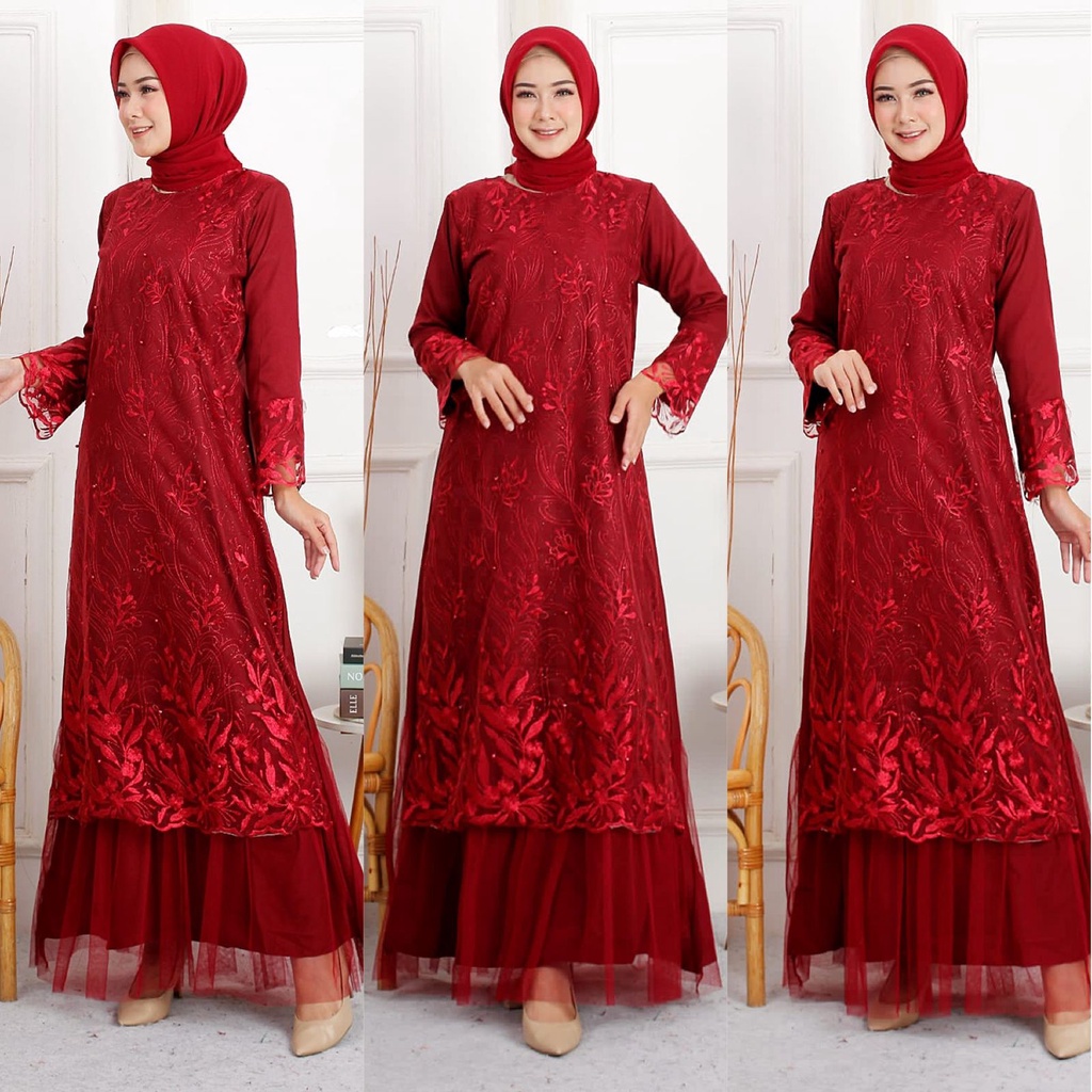 GAMIS NAZWA MAXI PESTA BRUKAT TILLE / GAMIS BROKAT TILE / GAMIS KONDANGAN / GAMIS LEBARAN / MAXI DRESS MUSLIM / FASHION MUSLIM / LONGDRESS BRUKAT TULLE / GAMIS SIZE M L XL!!!!!