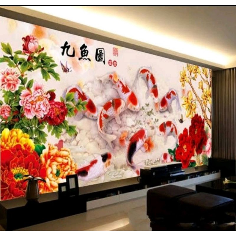 DIY Paket kristik ikan koi sembilan bunga peoni pola kain full cross stitch kit sulaman