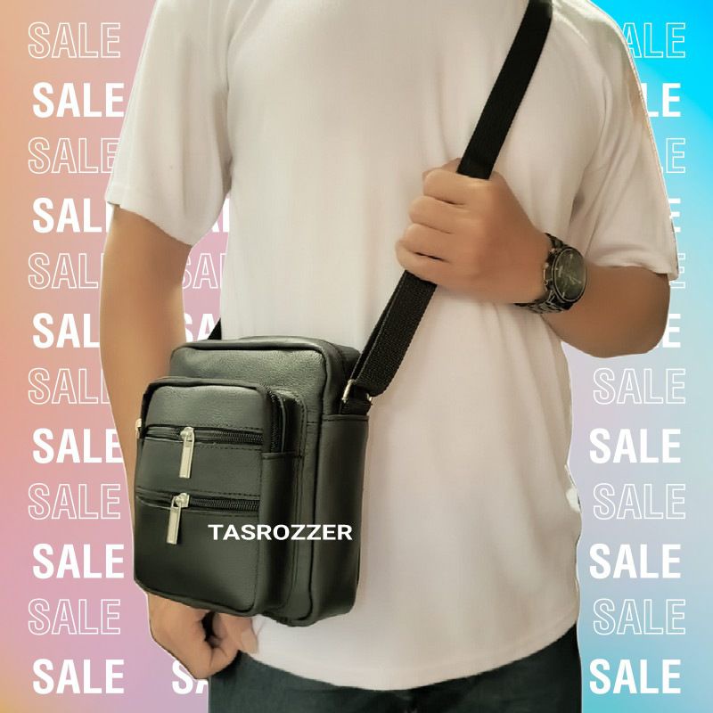 Tas selempang pria kulit asli polos model banyak saku