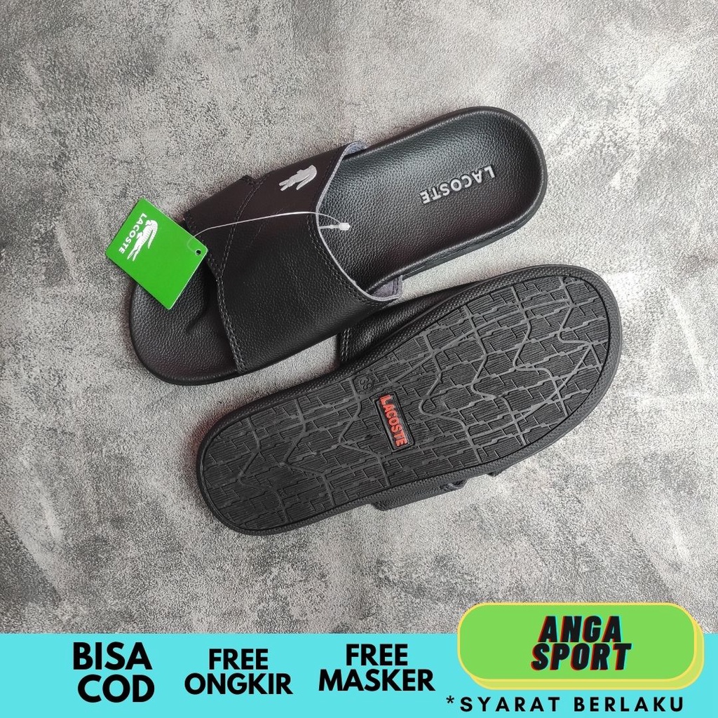 SANDAL PRIA SLIDE LACOSTE CROCO HITAM PREMIUM / SENDAL SANTAI FLIP FLOP DEWASA KEREN / SANDAL COWOK SLOP SEMI KULIT CASUAL SIZE 39-43