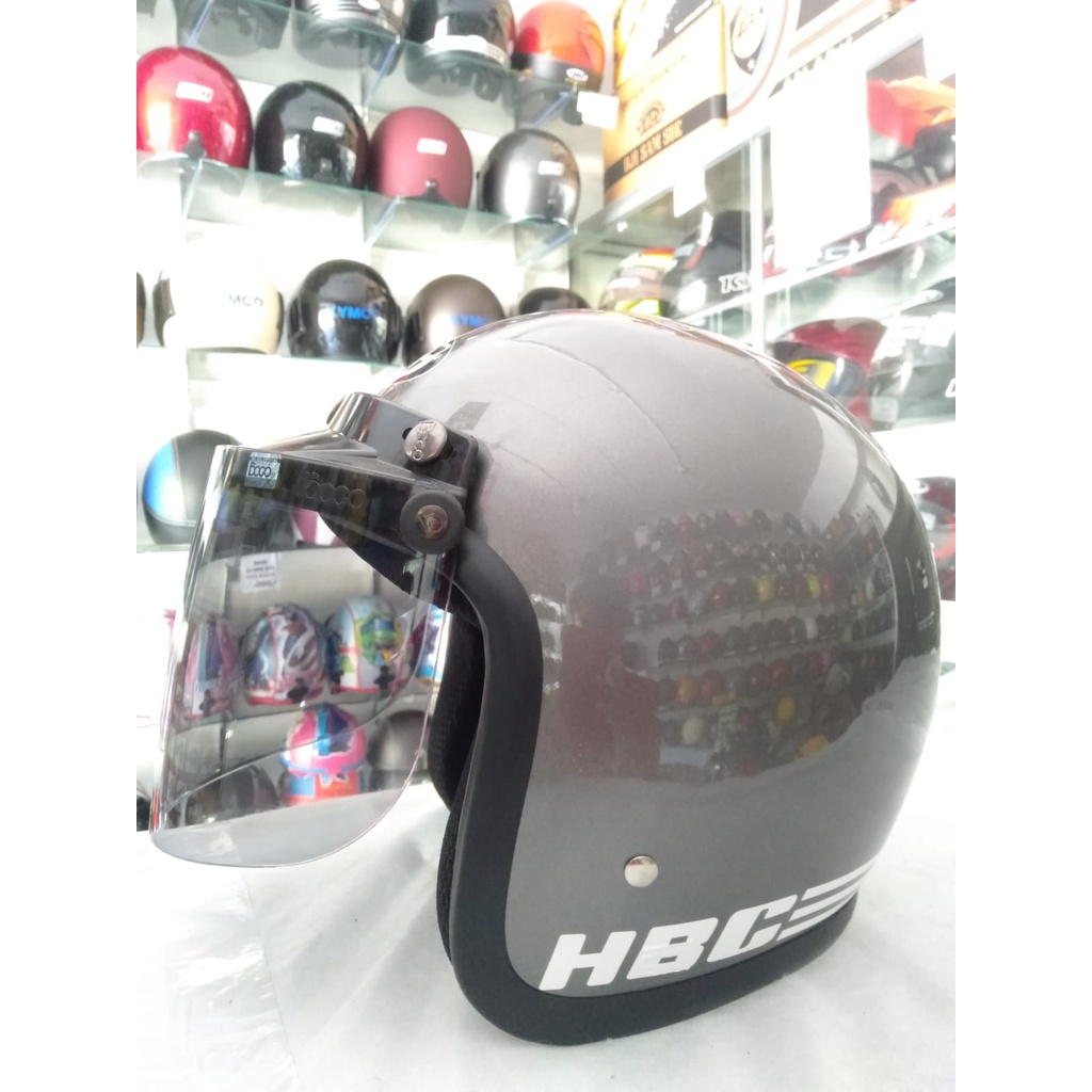 HBC Polos Helm Half Face Kaca Bogo Datar Original Abu Glossy Standar Keamanan SNI COD + KardusBubble