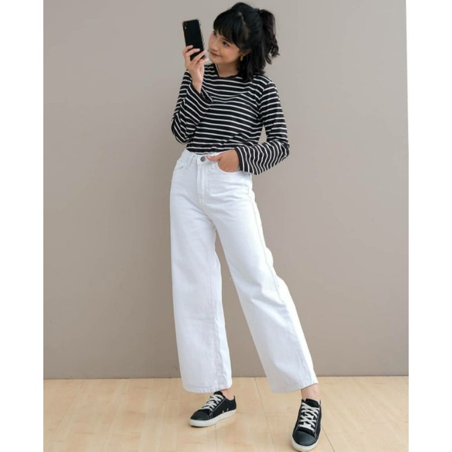 Celana kulot jeans wanita putih jins denim highwaist murah cewek cewe culote Lepis cutbray levis RWS-Kulotkolor PUTIH