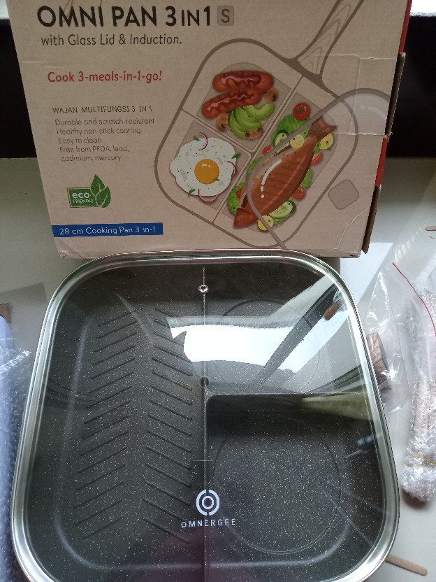 Omnergee Omni Pan 3 In 1 S (with Glass Lid) - Premium Divided Multi Grill Pan Wajan Panci Panggangan