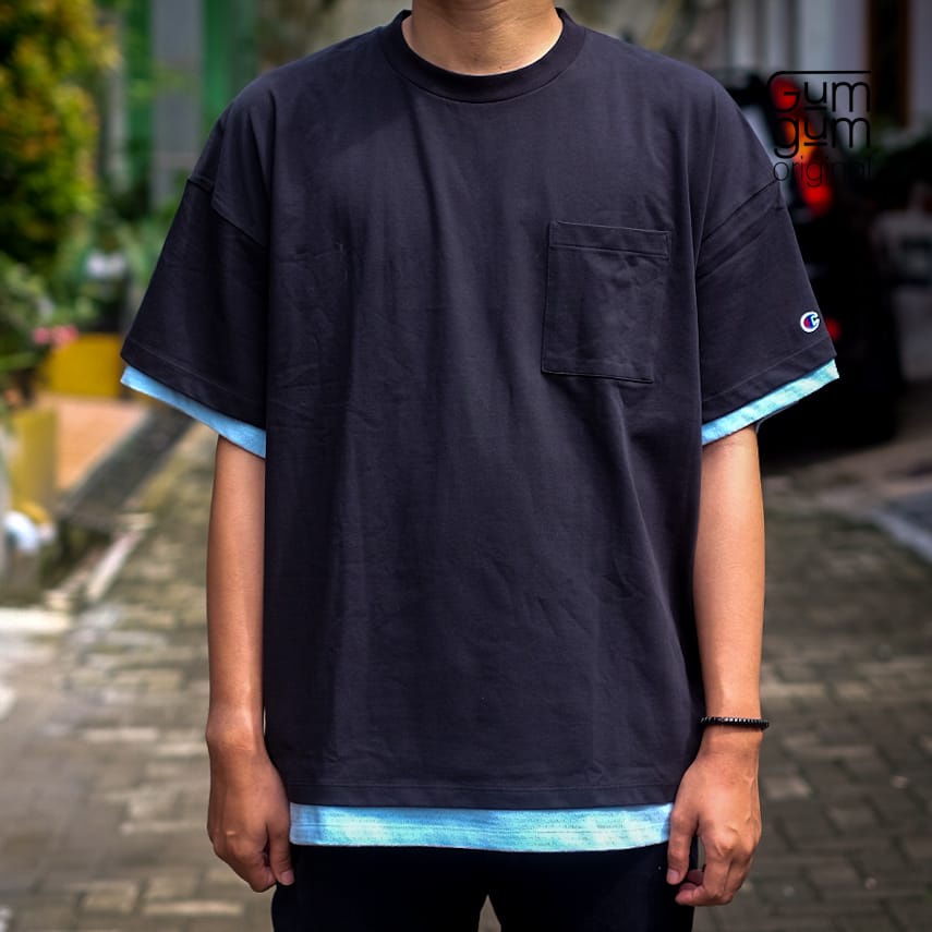 T-Shirt Champion Original - Oversize Layered Black & Khaki (Kaos Oversized Pria Wanita / Unisex)