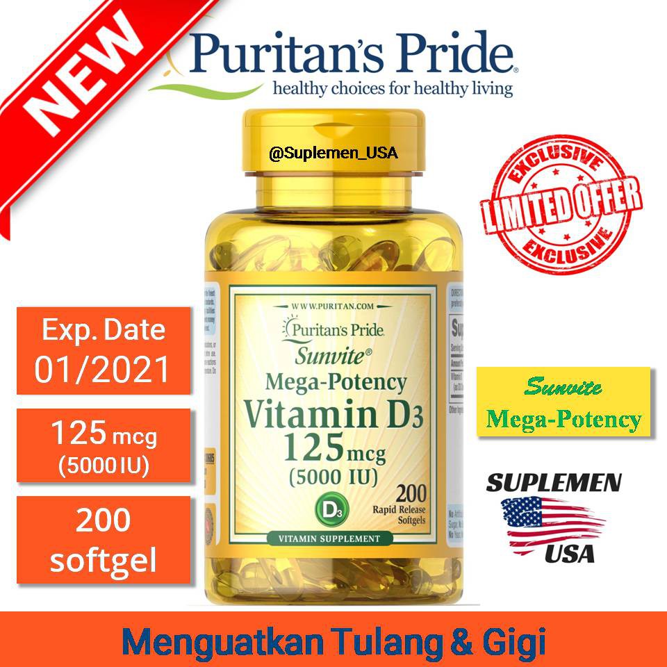 Vitamin D3 5000 Iu 125 Mcg 100 200 Softgels Vit D3 Puritan Pride Ori Usa