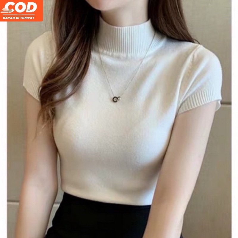 BEST SELLER - BAJU CERENINA RIB LEHER LENGAN PENDEK BAJU TURTLENECK KNIT UKURAN S/L/XL  - TSHIRT WAN