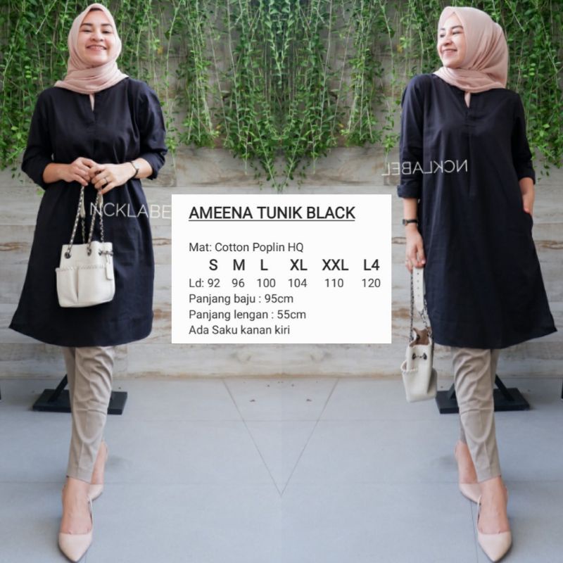 AMEENA TUNIK HITAM IVORY KATUN POPLIN POLOS ORI NCK LABEL