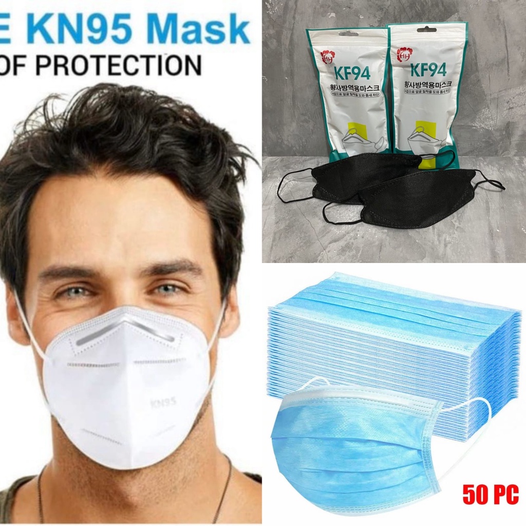 KN95 Masker KN95 Face Mask 5ply Isi 50pcs BFE 95% / KF94 Masker KF94 Korea 4ply Isi 10pcs / Earloop Masker 3ply Earloop Isi 50pcs