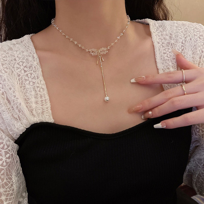 Kalung Choker Wanita Model Pita Rumbai Hias Kristal Mutiara