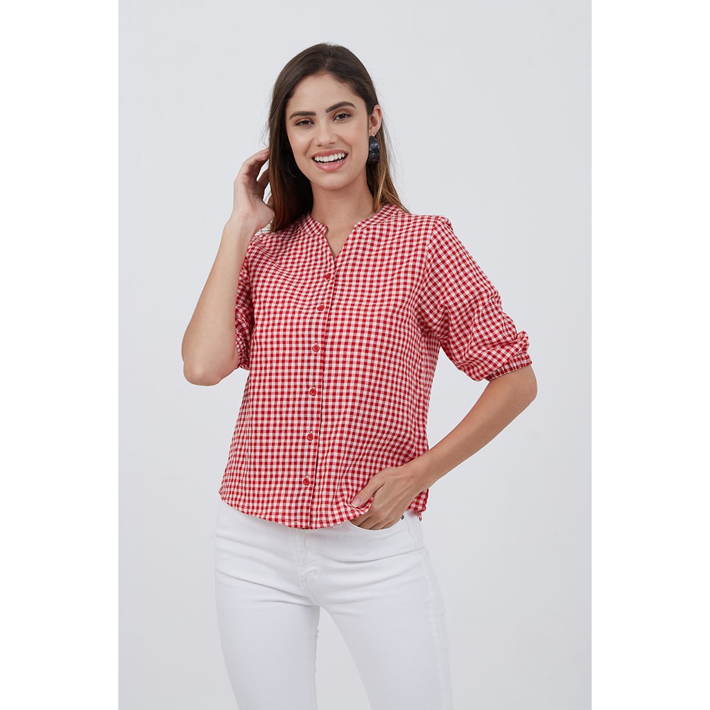 Sorabel - Sree Plaid Simple Blouse/ Kemeja Wanita Motif Kotak-kotak Collar Neck Lengan 3/4-7