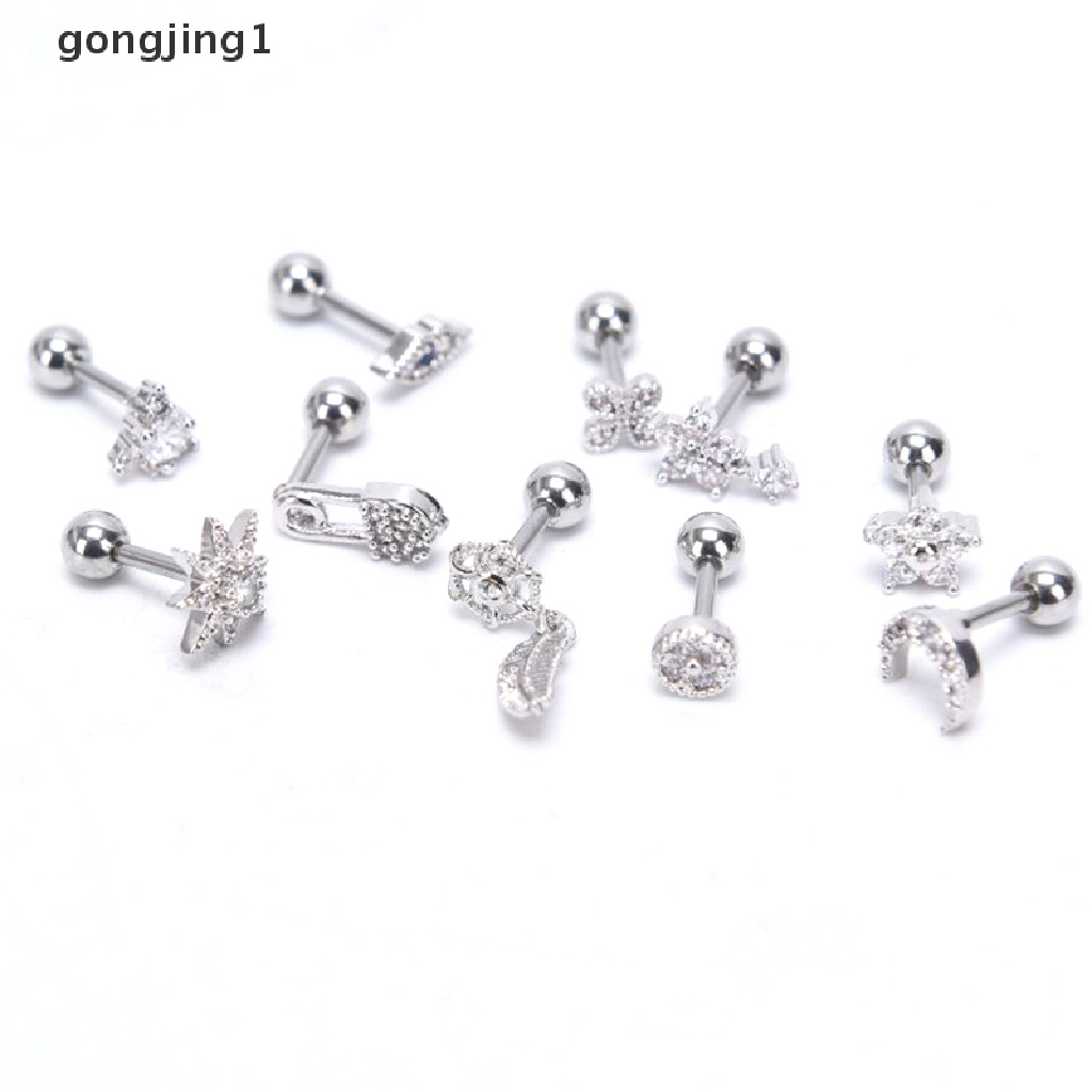 Anting Stud Kristal Berlian Imitasi Bentuk Bunga Bulan Helix Cartilage Body Piercing