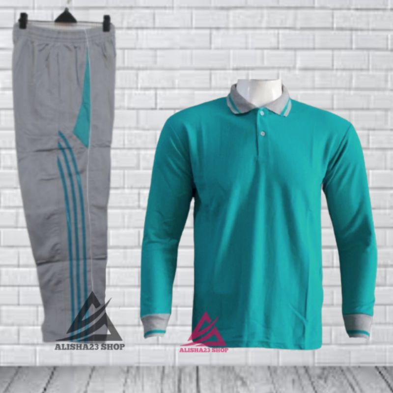SETELAN KAOS BERKERAH LENGAN PANJANG WARNA TOSKA STELAN TRAINING PRIA KAOS KERAH WARNA TURKIS SETELA