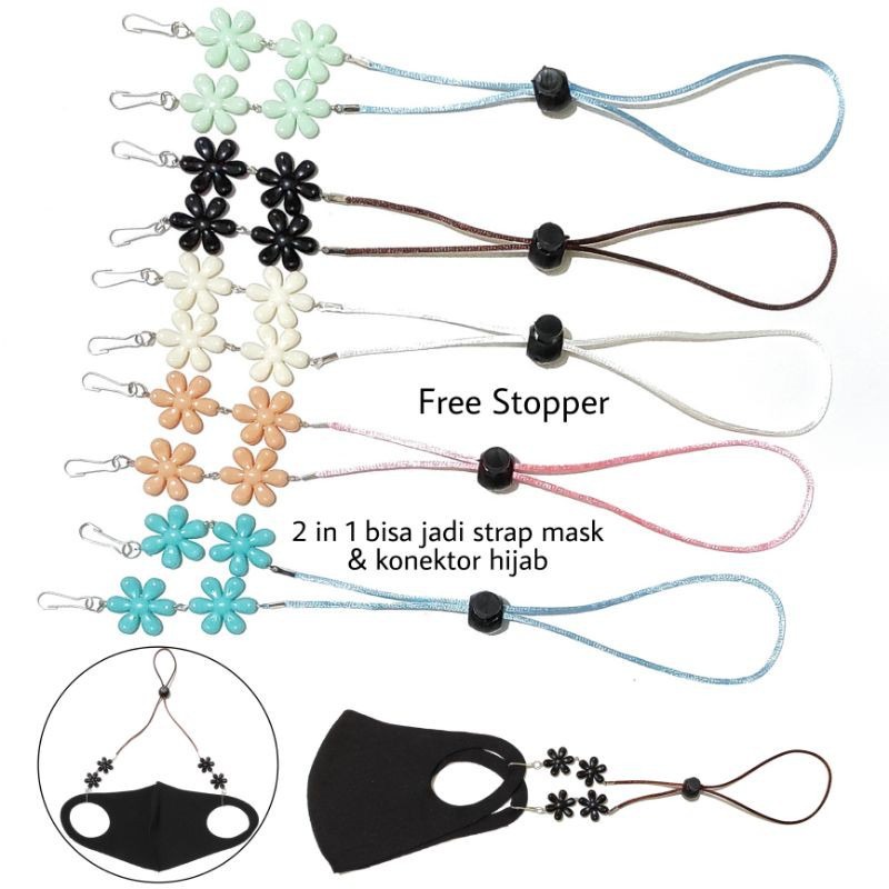 2 In 1 Strap Mask + Konektor Hijab Free Stopper Tali Bunga Jasmine Kalung Masker Connector Flower