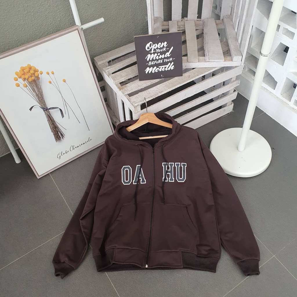 jacket oversize hoodie wanita OU HU XXL LD 130 CM PJ 70 CM sweater  oversize wanita sweater big size jaket hoodie wanita-Coklat