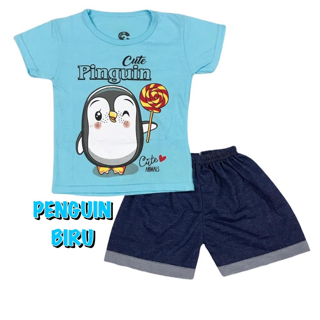 (1 KG MUAT 11 PTG) BAJU SETELAN PENDEK DENIM KAOS OBLONG ANAK PEREMPUAN/LAKI-LAKI/CEWEK/COWOK/UNISEX PENGUIN/PINGUIN