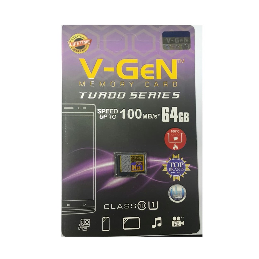 Micro SD Memory Card V-GEN 4 / 8 / 32 / 64 GB Turbo Series Speed Up To 100MB/s Class 6 Micro SD V-GEN Original