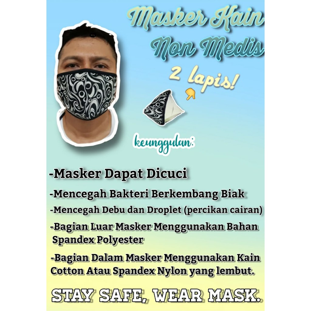 Masker Kain All Size 2 Lapis. Bahan Spandex Polyester. Tali Hijab Panjang ~BATIK HITAM~