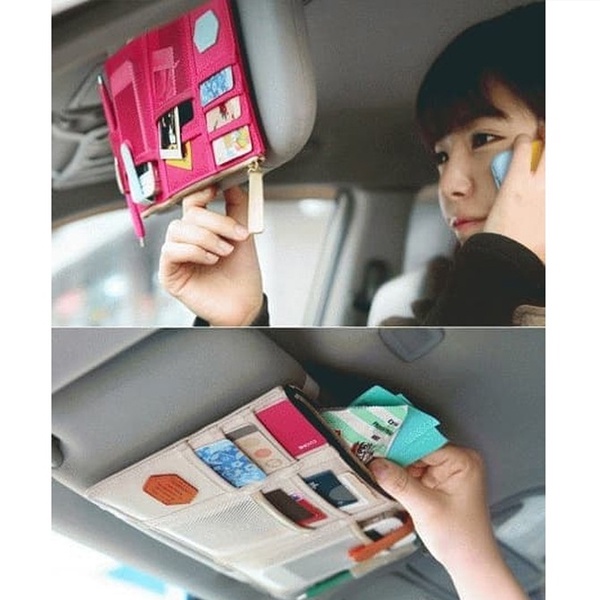 Sunvisor Car Organizer Kartu Etoll Uang Tiket Mobil Holder Kacamata Pulpen Tisu Handphone Mobil Bahan Canvas