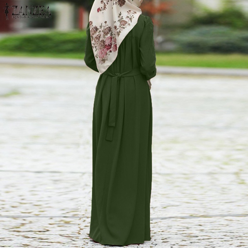 ZANZEA Women Long Puff Sleeve Button Down Front Muslim Long Dress