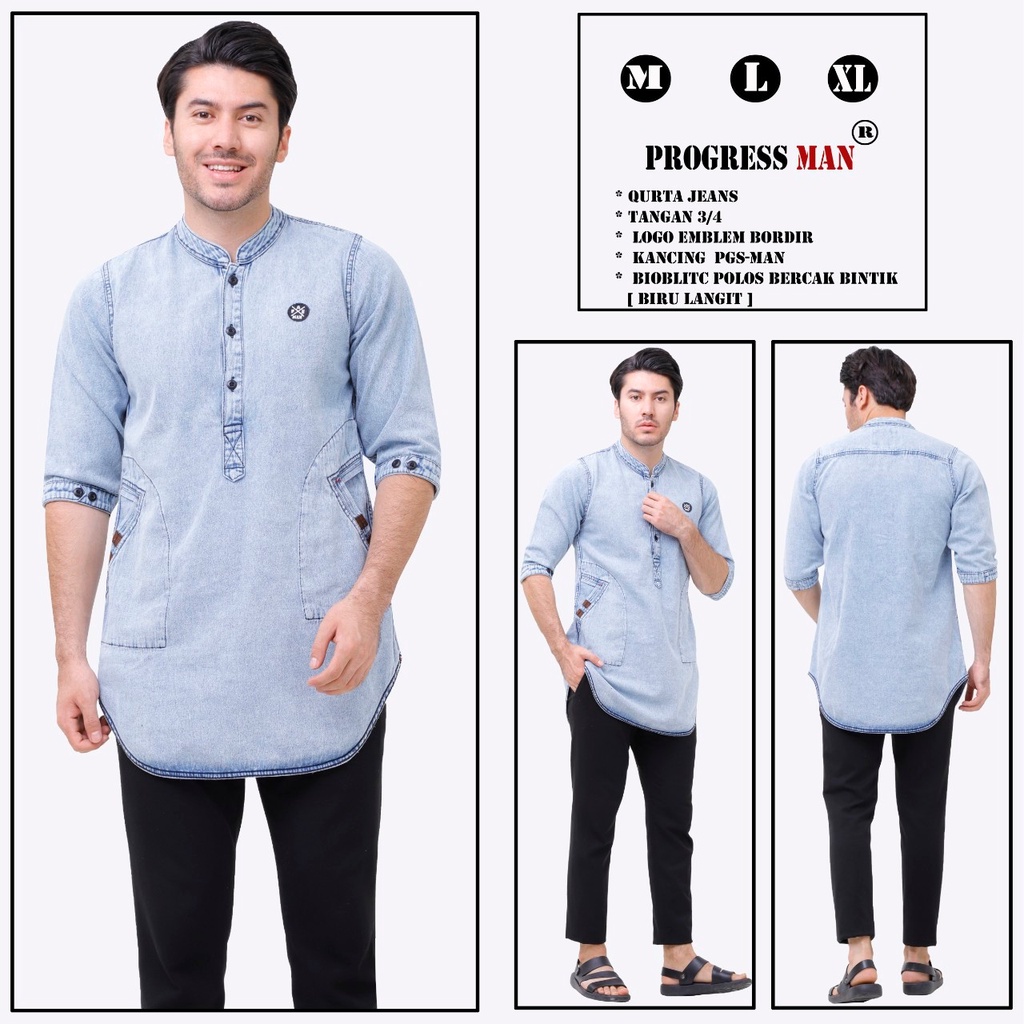 PROGRESS MAN baju koko jeans pria lengan tiga perempat koko kurta pangsi kemeja koko denim pria lengan tiga perempat kurta pangsi jeans baju kurta denim dewasa logo bordir Biru washing P4N9S404