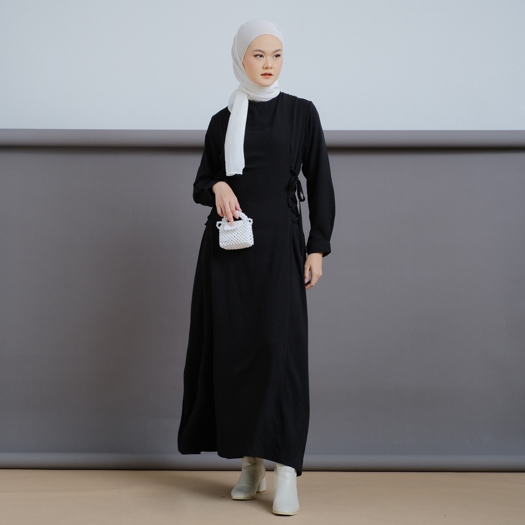 Mayoutfit Heynra Maxidress | Dress Gamis Muslim Wanita Tali Pinggang-Black
