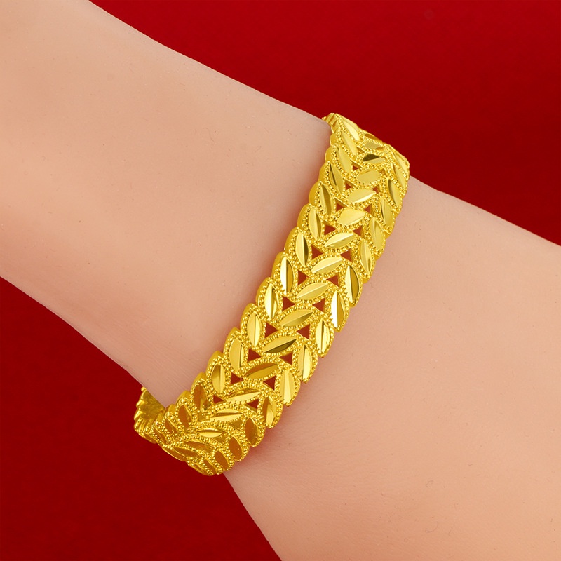 Gelang Model Terbuka Dapat Disesuaikan Desain Daun Gandum Hollow 24K Untuk Wanita