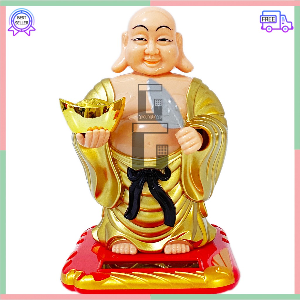 Patung Dewa Julaihut Maitreya Mi Le Fo Hoki Rejeki Fortune Kipas Goyang Uang Koin Emas Budha Buddha