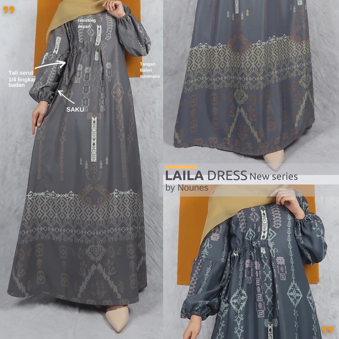 Hot Sale NOUNES LAILA DRESS Gamis Daily Syari Maxmara Tali Serut tangan balon - STONE M