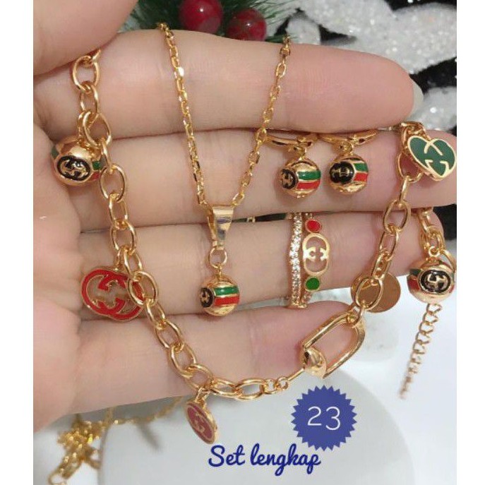 (SEP) TERMURAH Set Perhiasan Lapis Emas Xuping Gelang Kalung Anting Cincin Gucci Gold Mewah Titanium