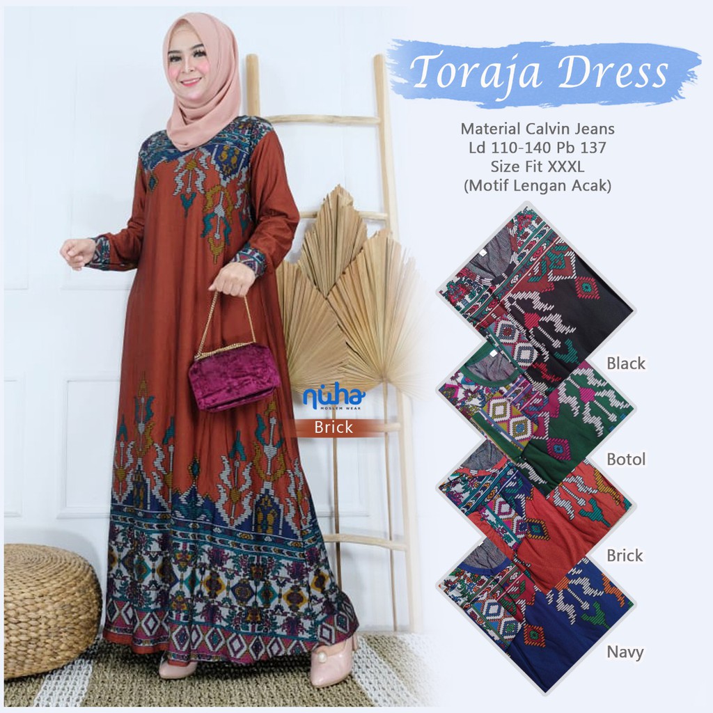 TORAJA. Baju Gamis Maxy Dress Etnik Atasan Muslim Wanita NUHA Murah. Cantik, Anggun, Elegan, Nyaman