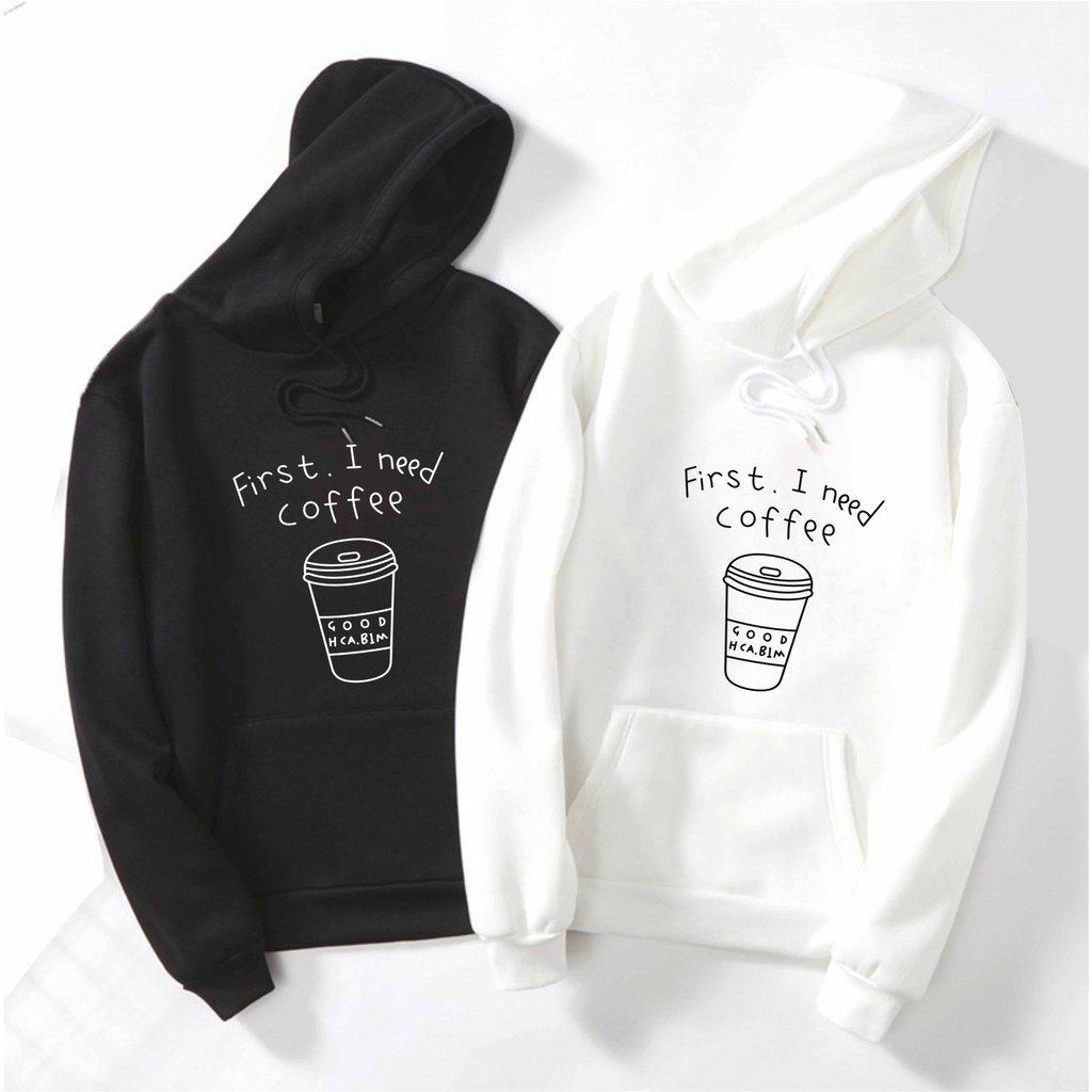 SWEATER HOODIE FIRST I NEED COFFE BAHAN FLEECE SIZE M - XXL ( PRIA &amp; WANITA )