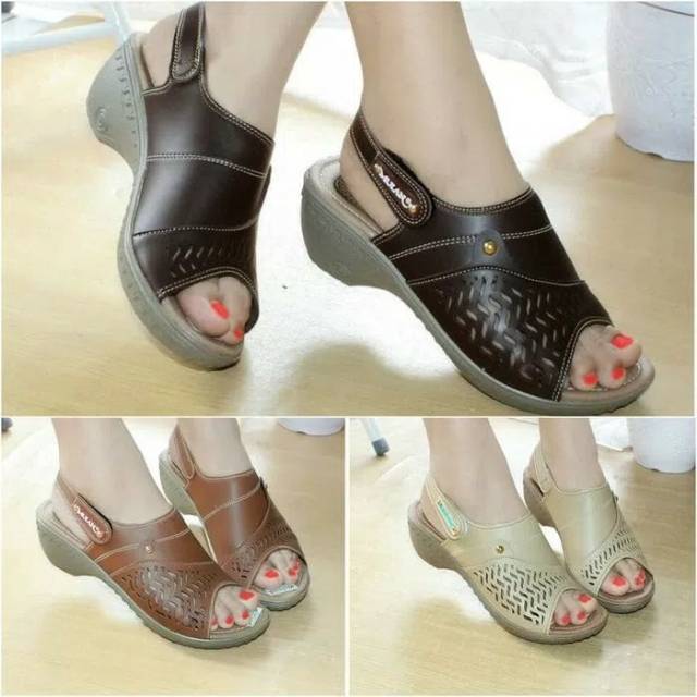 Sepatu Sendal Wedges Kulit Laser Mulan 1562