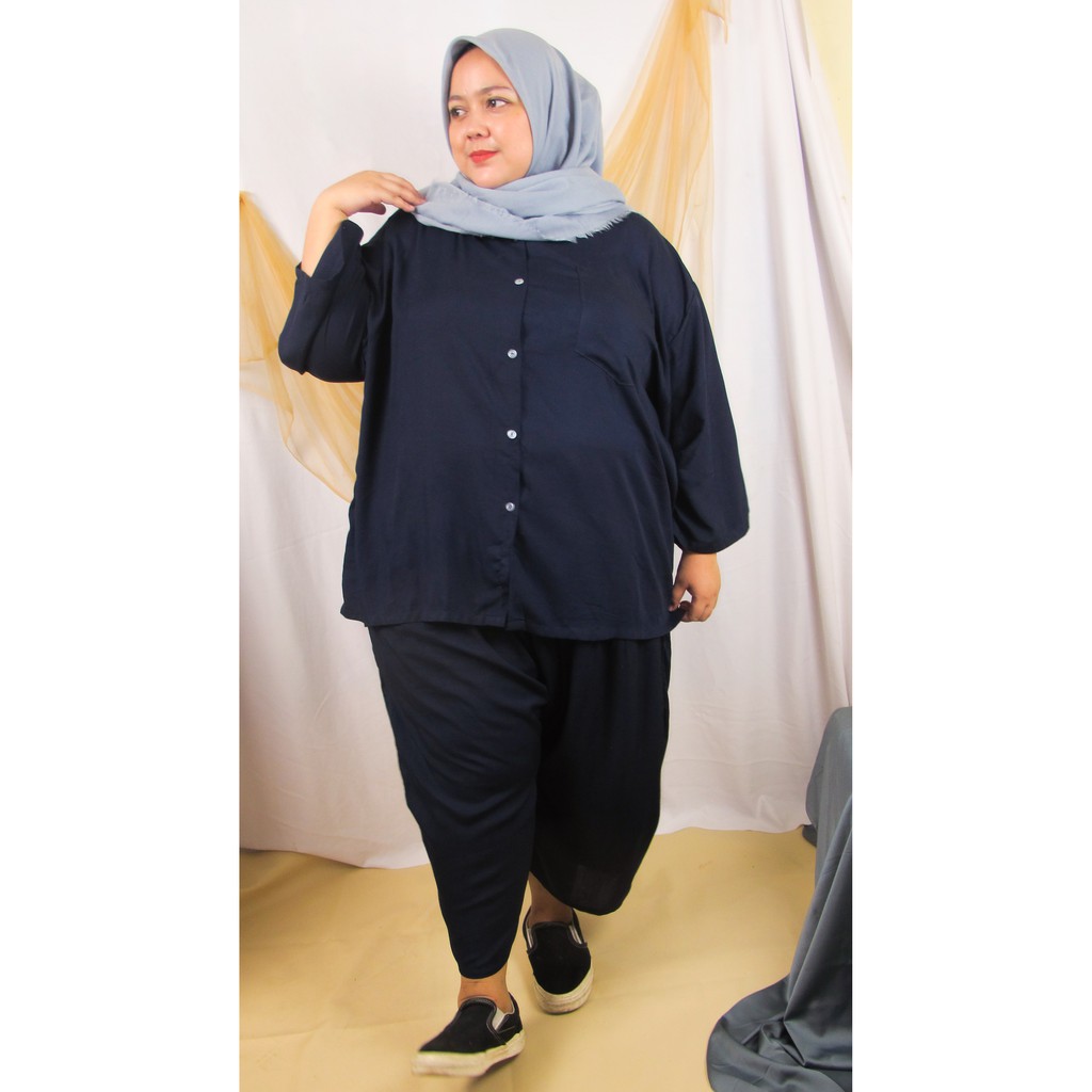 SETELAN JUMBO/ SETELAN PIYAMA JUMBO LD 130 RAYON NAVY BIRU DONGKER