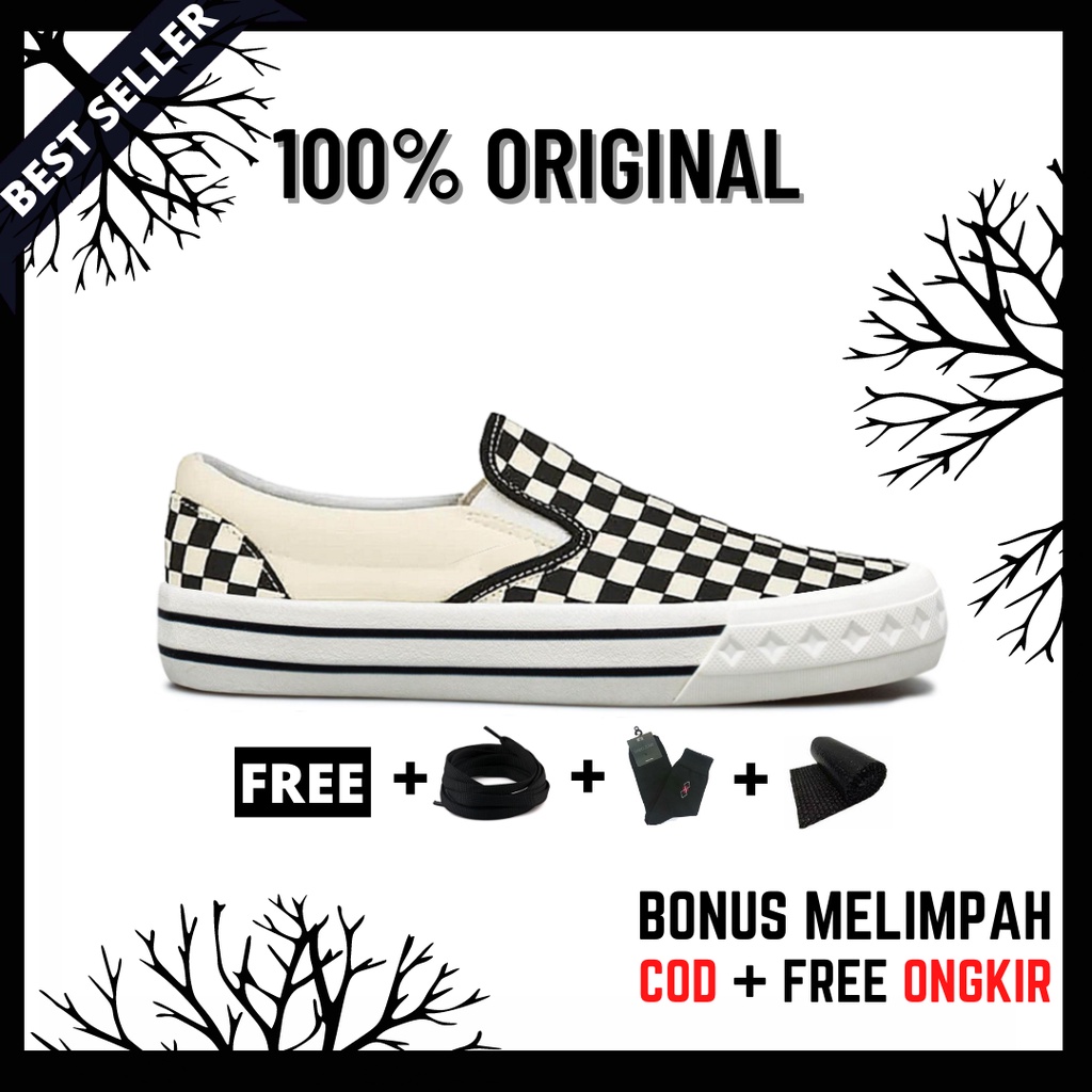 100% Original Sepatu Lokal Casual Slip On Checkerboard Retro