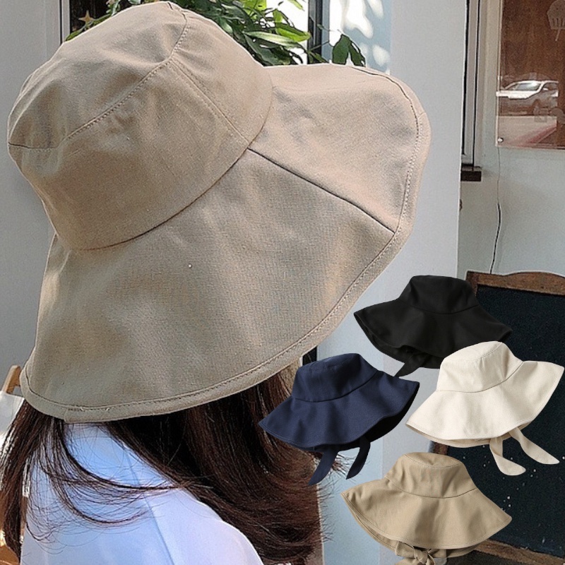 Jumbo Wide Bucket Hat aksen tali Pria Wanita