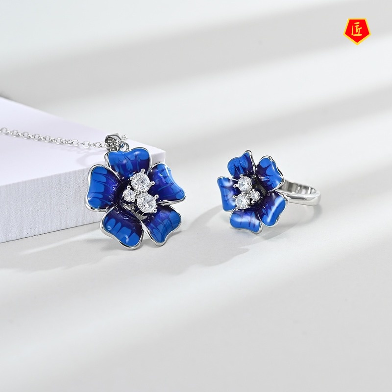 [Ready Stock]Blue Necklace Large Flower Diamond Ear Stud Suit