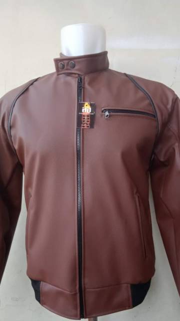 Jaket pria Jaket motor Jaket Ariel | Jaket Semi Kulit Model Ariel Coklat List Hitam