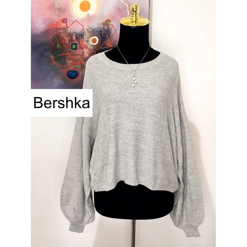 BERSHKA sweater crop rajut lengan balon super puffy / sweatshirt abu jumbo oversize bigsize