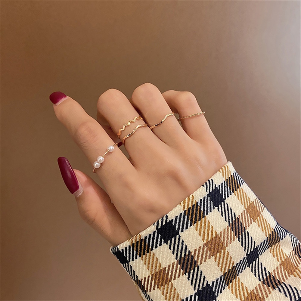 5pcs / Set Cincin Mutiara Gaya Korea Untuk Wanita